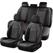 Coverado Car Seat Covers Red Trim, 5 Seats Breathable Faux Leather & Woven Fabric Seat Protectors Full Set, Universal Auto Cushions Fit Most Cars SUV Trucks