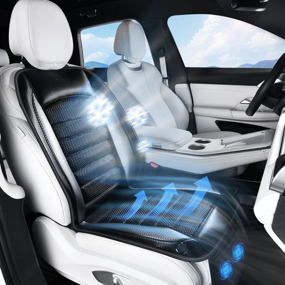 Coverado Cooling Car Seat Cover, 2 Powerful Turbo Fans Ventilated Seat Cushion for Summer, 3-Speed Temperature Adjustable Universal Fit for Car SUV Truck, Carbon Fiber Black