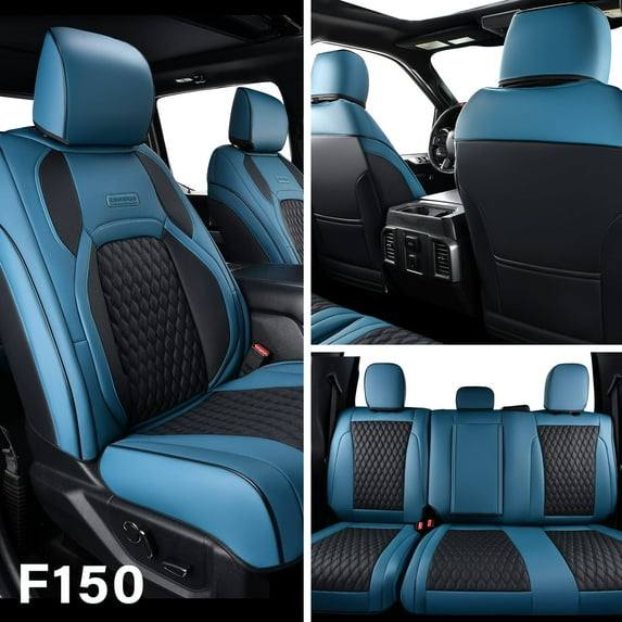 Coverado Custom Seat Covers Full Set Waterproof Faux Leather Seat Protectors, Fit For 2015-2023 F150, 2017-2023 F250 F350 Crew Cab, Blue