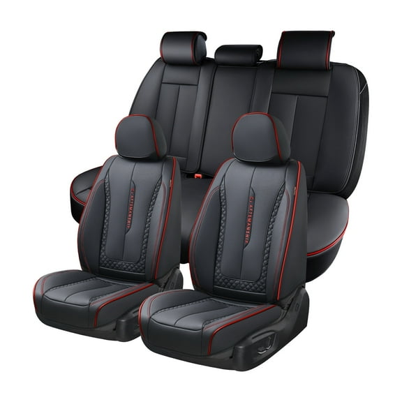 Coverado Black and Red Trim Car Seat Covers Full Set, Faux Leather Front and Back Seat Protectors, Universal Interior Cushions Fit Most Cars, Sedans, SUVs and Trucks