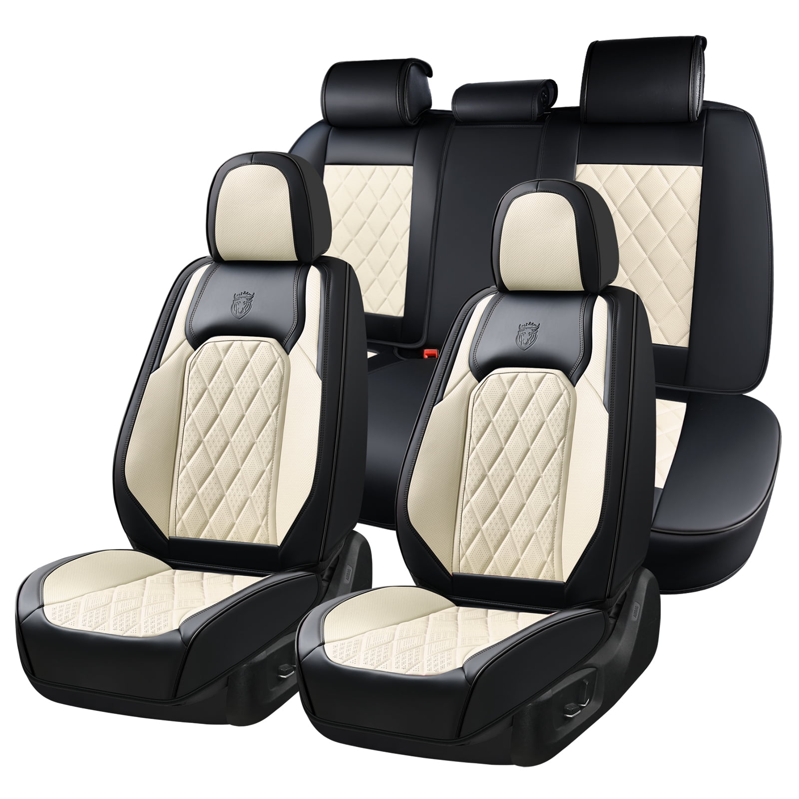 Coverado Front and Back Car Seat Covers Full Set, Waterproof Faux Leather Seat Protectors, Auto Interior Accessories Universal Fit Most Cars SUVs Pickup Trucks, Black&White