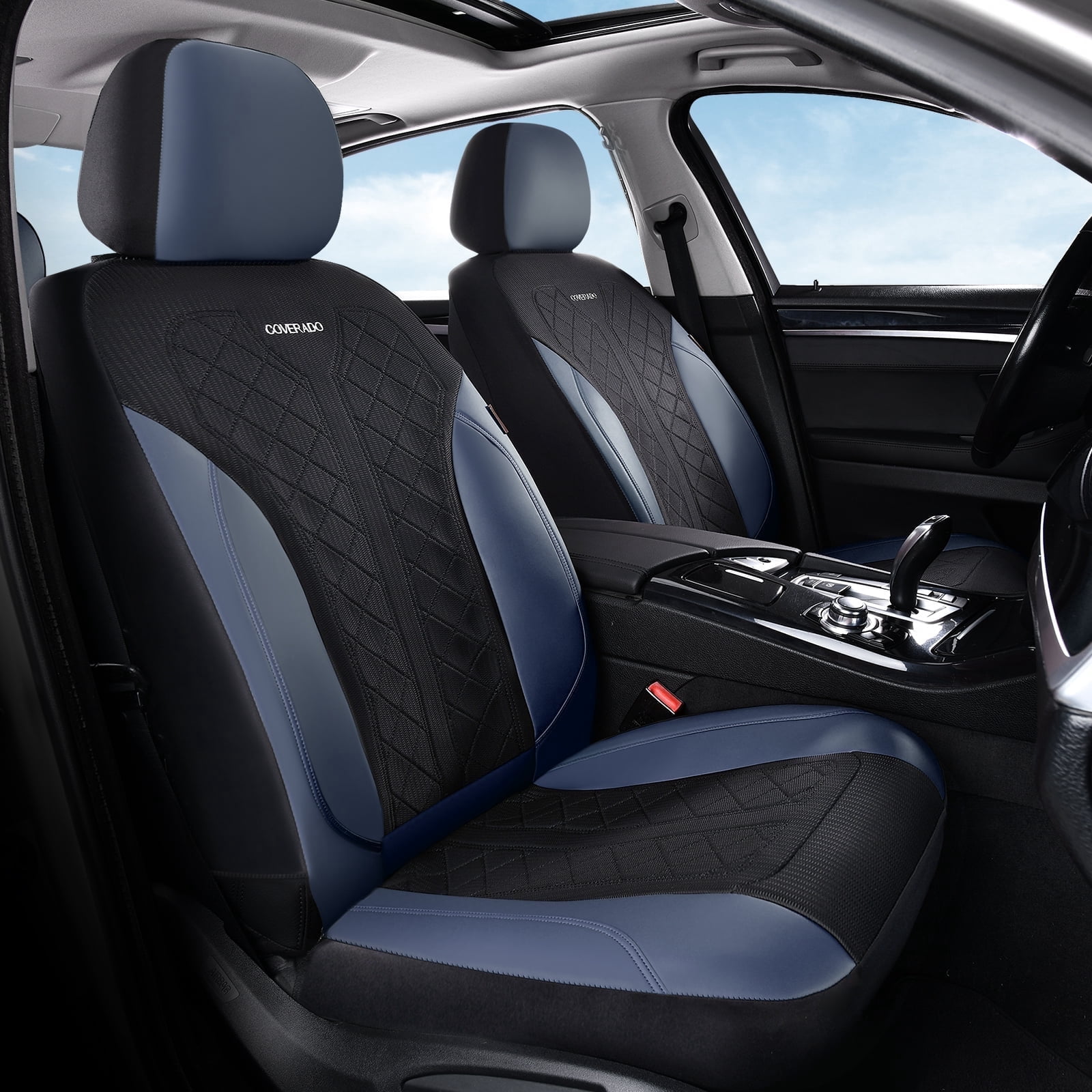 Coverado Front Car Seat Covers, 2 Seats Luxury Faux Leather Seat Protectors, Universal Fit for Most Cars, Black&Blue