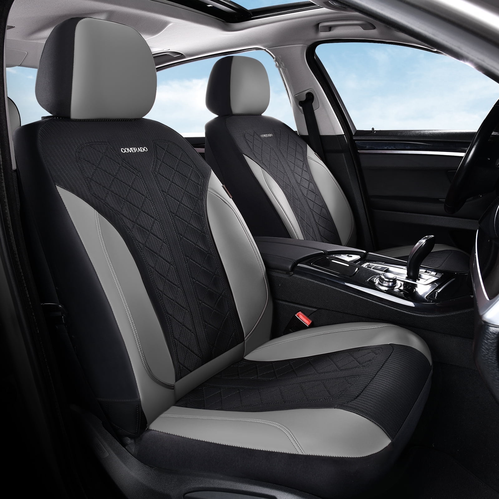 Coverado Front Car Seat Covers, 2 Seats Luxury Faux Leather Seat Protectors, Universal Fit for Most Cars, Black&Gray