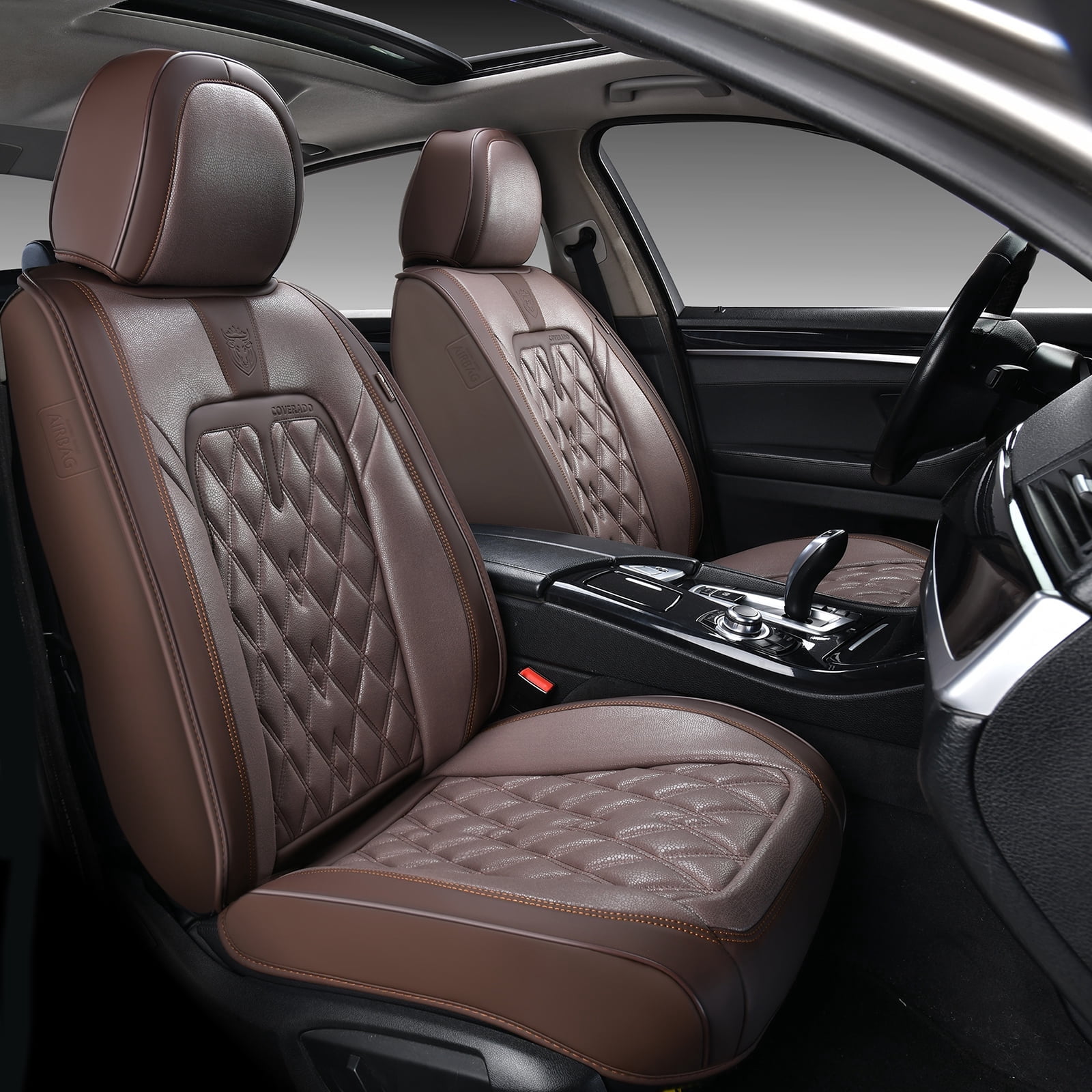 Coverado Front Seat Covers – 2Pcs Universal Leather Seat Protectors, Waterproof For Most Cars & SUVs (Black & Brown)