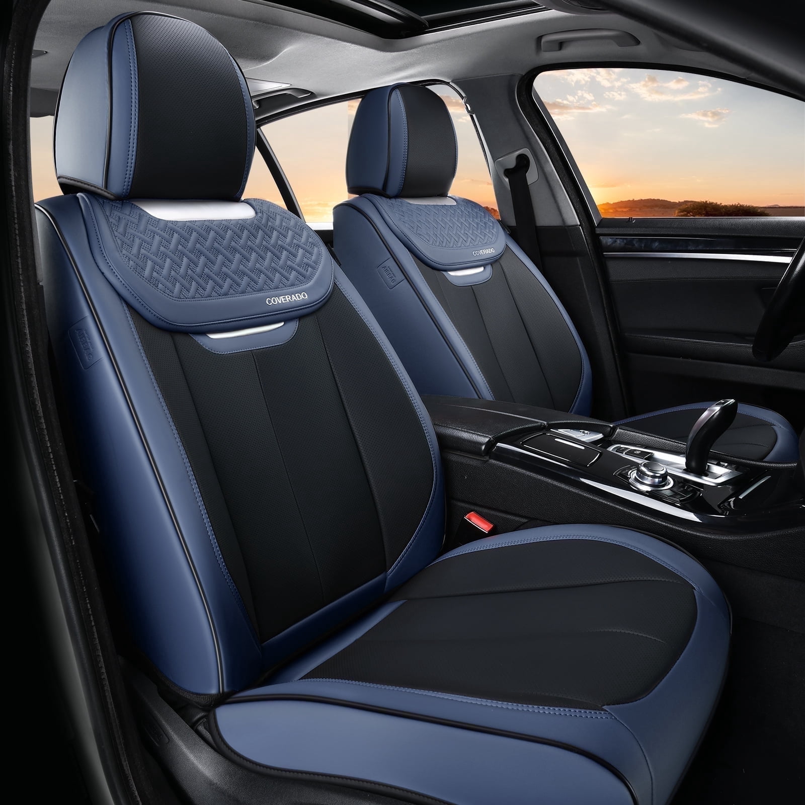Coverado Front Car Seat Covers, Luxury Leather Car Seat Protectors, Automotive Interior Cushions Universal Fit Most Cars, Black&Blue