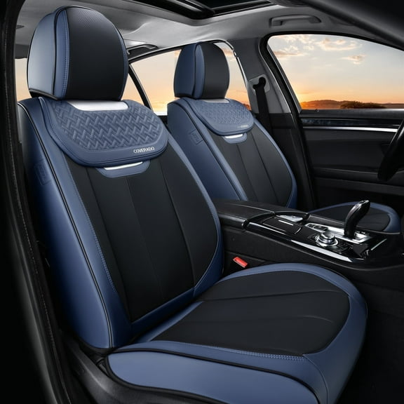 Coverado Front Car Seat Covers, Luxury Leather Car Seat Protectors, Automotive Interior Cushions Universal Fit Most Cars, Black&Blue
