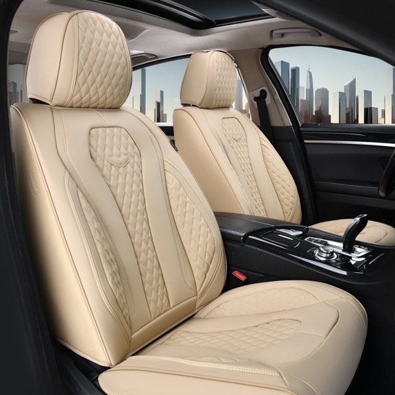 Coverado Front Car Seat Covers, Premium Leather Driver Passenger Seat Protectors, Luxury Auto Interior Cushions Universal Fit for Most Cars, SUVs and Trucks, Beige