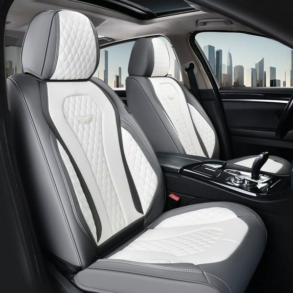 Coverado Front Car Seat Covers, Premium Leather Driver Passenger Seat Protectors, Luxury Auto Interior Cushions Universal Fit for Most Cars, SUVs and Trucks, Gray&White
