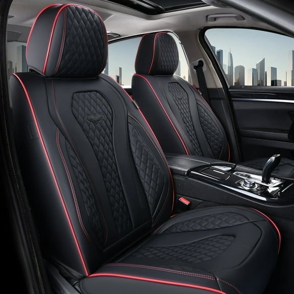 Coverado Front Car Seat Covers, Premium Leather Driver Passenger Seat Protectors, Luxury Auto Interior Cushions Universal Fit for Most Cars, SUVs and Trucks, Red Trim