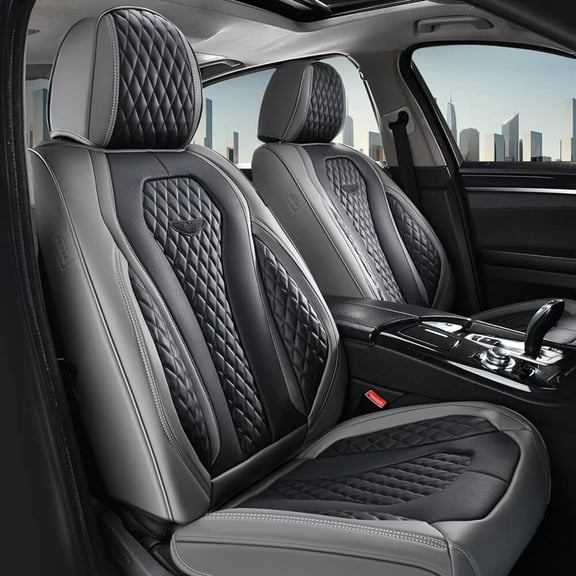 Coverado Front Car Seat Covers, Premium Leather Driver Passenger Seat Protectors, Luxury Auto Interior Cushions Universal Fit for Most Cars, SUVs and Trucks, Black&Gray