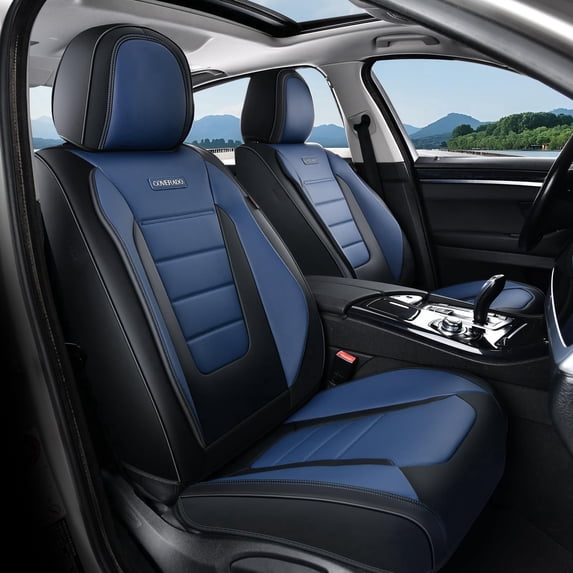 Coverado Front Car Seat Covers, Stylish Faux Leather 2 Seat Protectors, Automotive Interior Accessories Universal Fit for Most Cars, Black & Blue