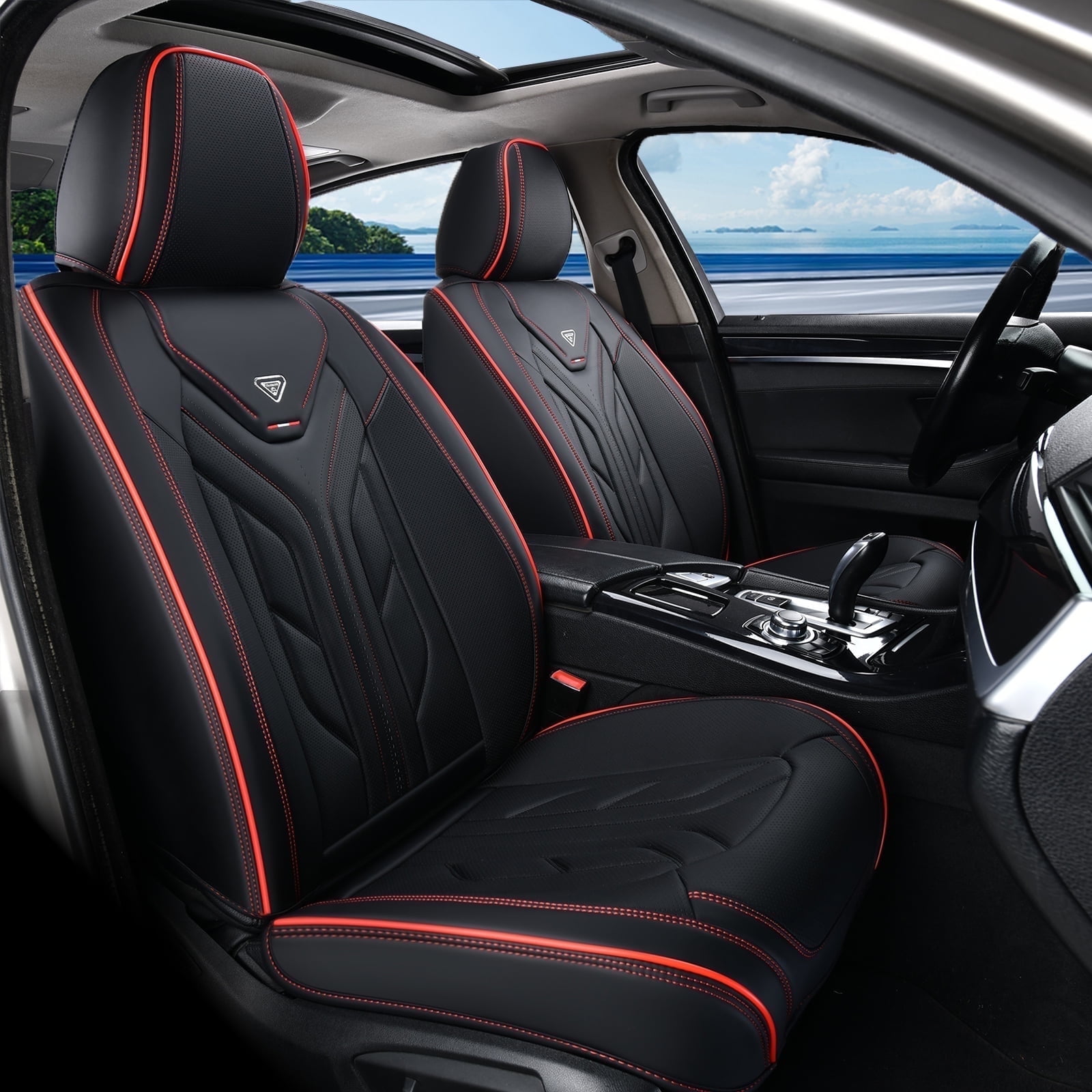 Coverado Front Car Seat Covers, Airbag Compatible Faux Leather Seat Protectors, Waterproof Cushions Universal Fit for Most Sedans SUV Pick-up, Black&Red