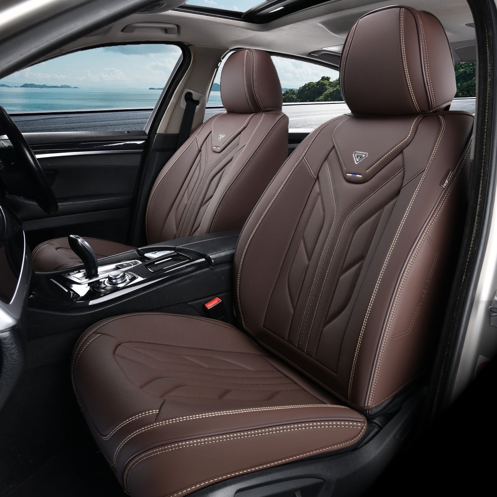 Coverado Front Car Seat Covers, Airbag Compatible Faux Leather Seat Protectors, Waterproof Cushions Universal Fit for Most Sedans SUV Pick-up, Coffee