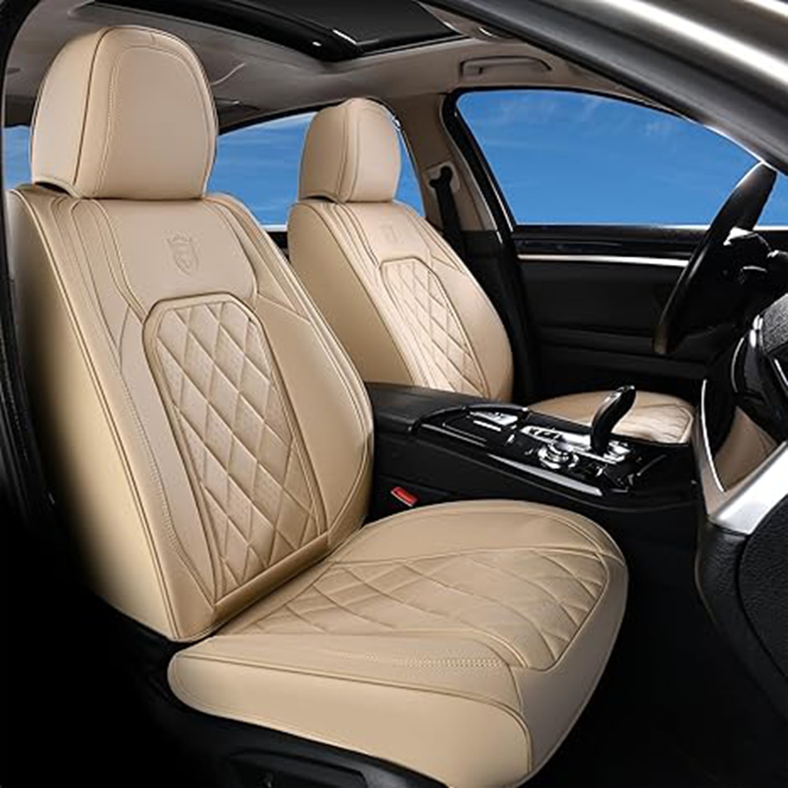 Coverado Front Car Seat Covers, Waterproof Premium Leather Seat Cushions, 6 Pieces Auto Interior Protectors Universal Fit Most Cars, Suvs, Pickup Trucks, Beige