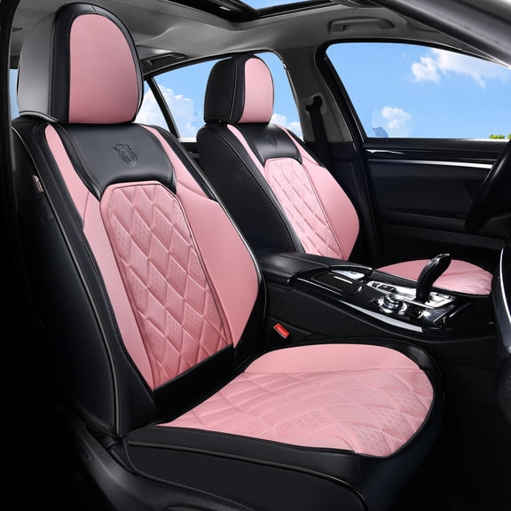 Coverado Front Car Seat Covers, Waterproof Premium Leather Seat Cushions, 6 Pieces Auto Interior Protectors Universal Fit Most Cars, Suvs, Pickup Trucks, Black&Pink