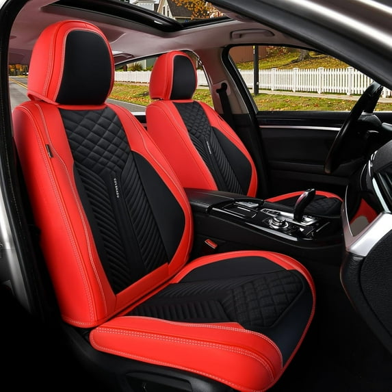 Coverado Front Pair Car Seat Covers, Waterproof Premium Leather Car Interior, 2 Pieces Auto Seat Protectors, Universal Fit Most Sedan, SUVs and Pickup, Black&Red