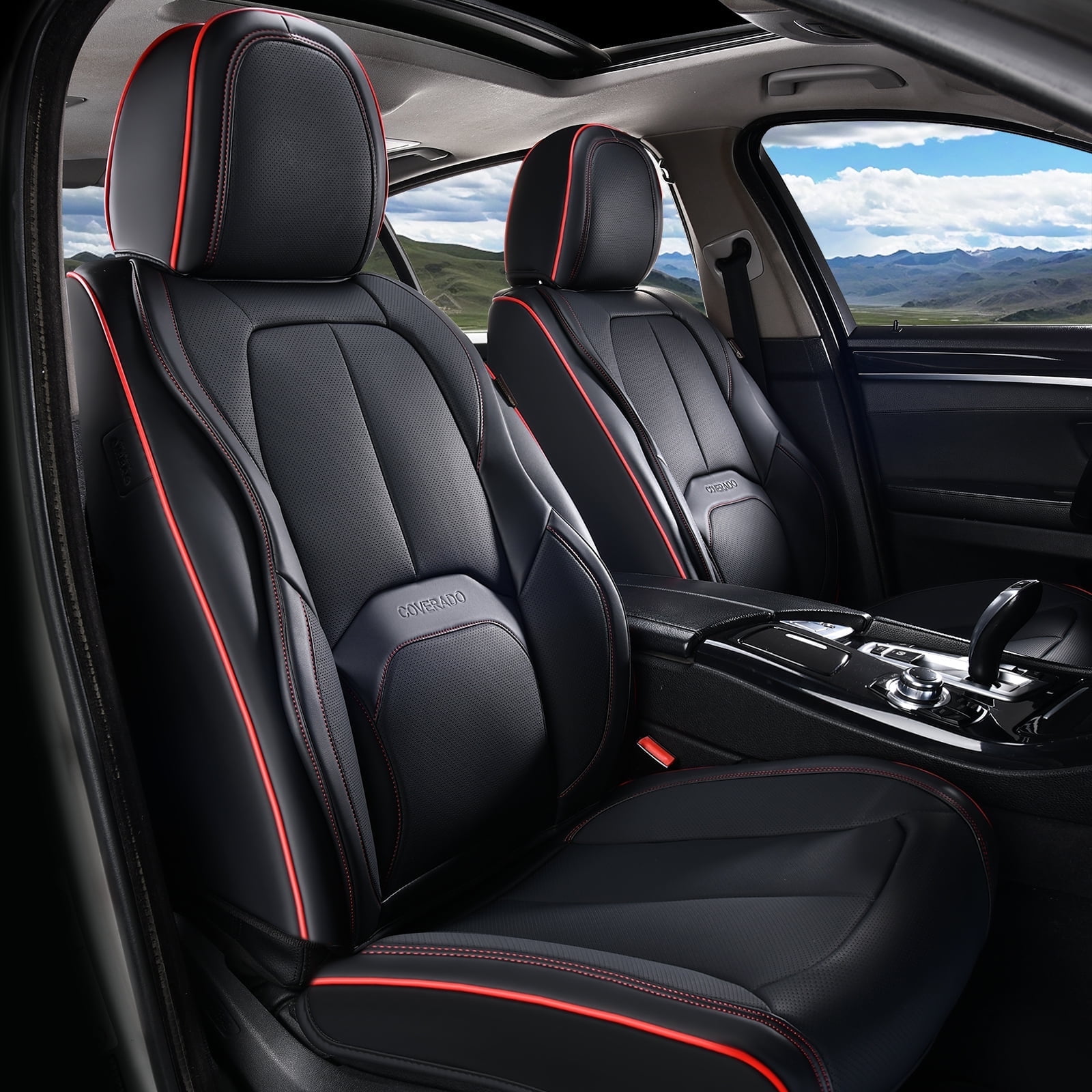 Coverado Front Seat Covers for Car, Premium Leather Seat Protectors with Lumbar Support, Waterproof Auto Cushions Universal Fit for Most Cars, Black&Red