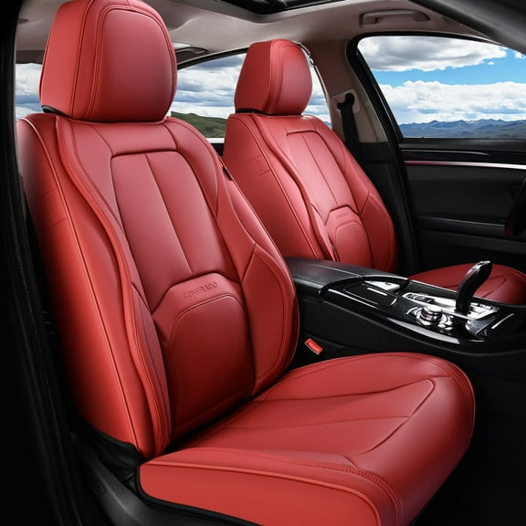 Coverado Front Seat Covers for Car, Premium Leather Seat Protectors with Lumbar Support, Waterproof Auto Cushions Universal Fit for Most Cars, Red