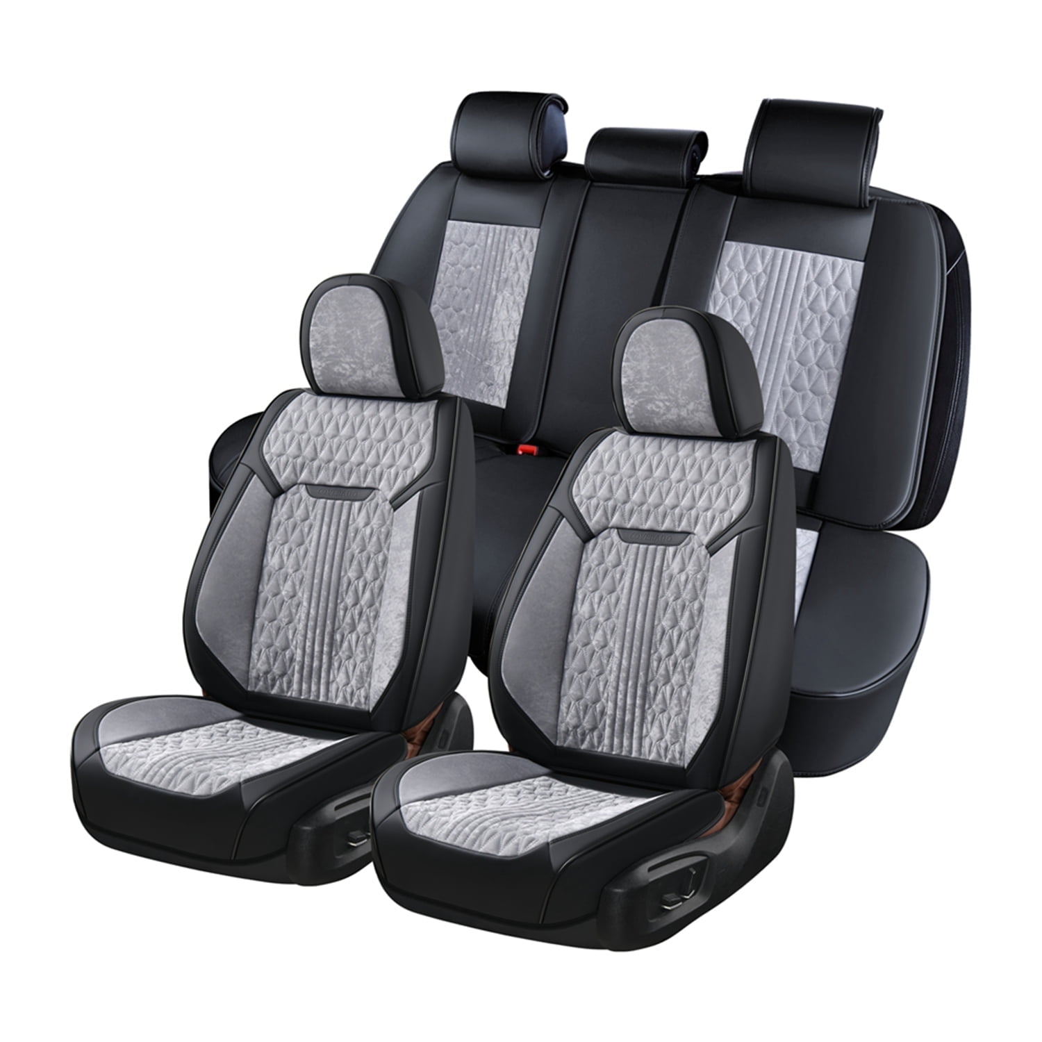 Coverado Full Set Car Seat Covers, Front and Back Seat Protectors, Faux Leather & Flannel Fashion Auto Accessories, Universal Fit Most Cars, SUVs Pickup Trucks, Black&Gray