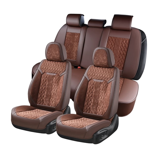 Coverado Full Set Car Seat Covers, Front and Back Seat Protectors, Faux Leather & Flannel Fashion Auto Accessories, Universal Fit Most Cars, SUVs Pickup Trucks, Coffee