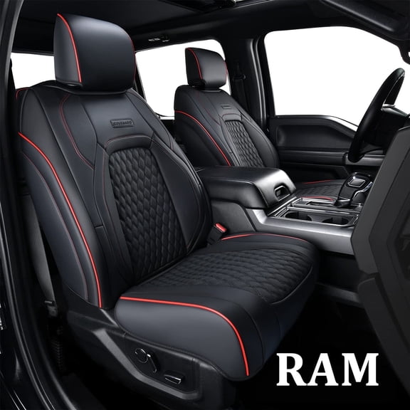 Coverado Full Set Car Seat Covers, Leather Auto Seat Covers With Concave Front Seat/Flat Rear, Custom Fit 2009-2018 Ram 1500, 2010-2024 Ram 2500 3500 (Black&Red Trim)