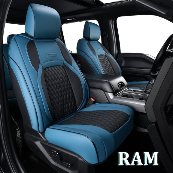 Coverado Full Set Car Seat Covers, Leather Auto Seat Covers With Concave Front Seat/Flat Rear, Custom Fit 2009-2018 Ram 1500, 2010-2024 Ram 2500 3500 (Blue)