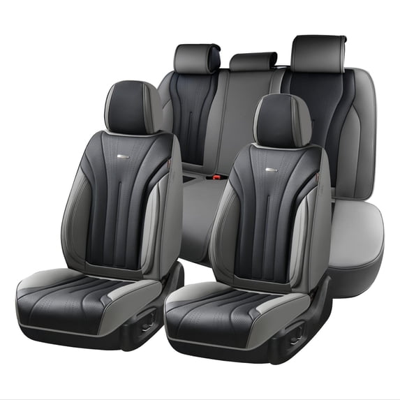Coverado Full Set Car Seat Covers, Waterproof Faux Leather Front and Rear Seat Protector, Breathable Seat Cushions Universal Fit for Most Cars, Black&Gray