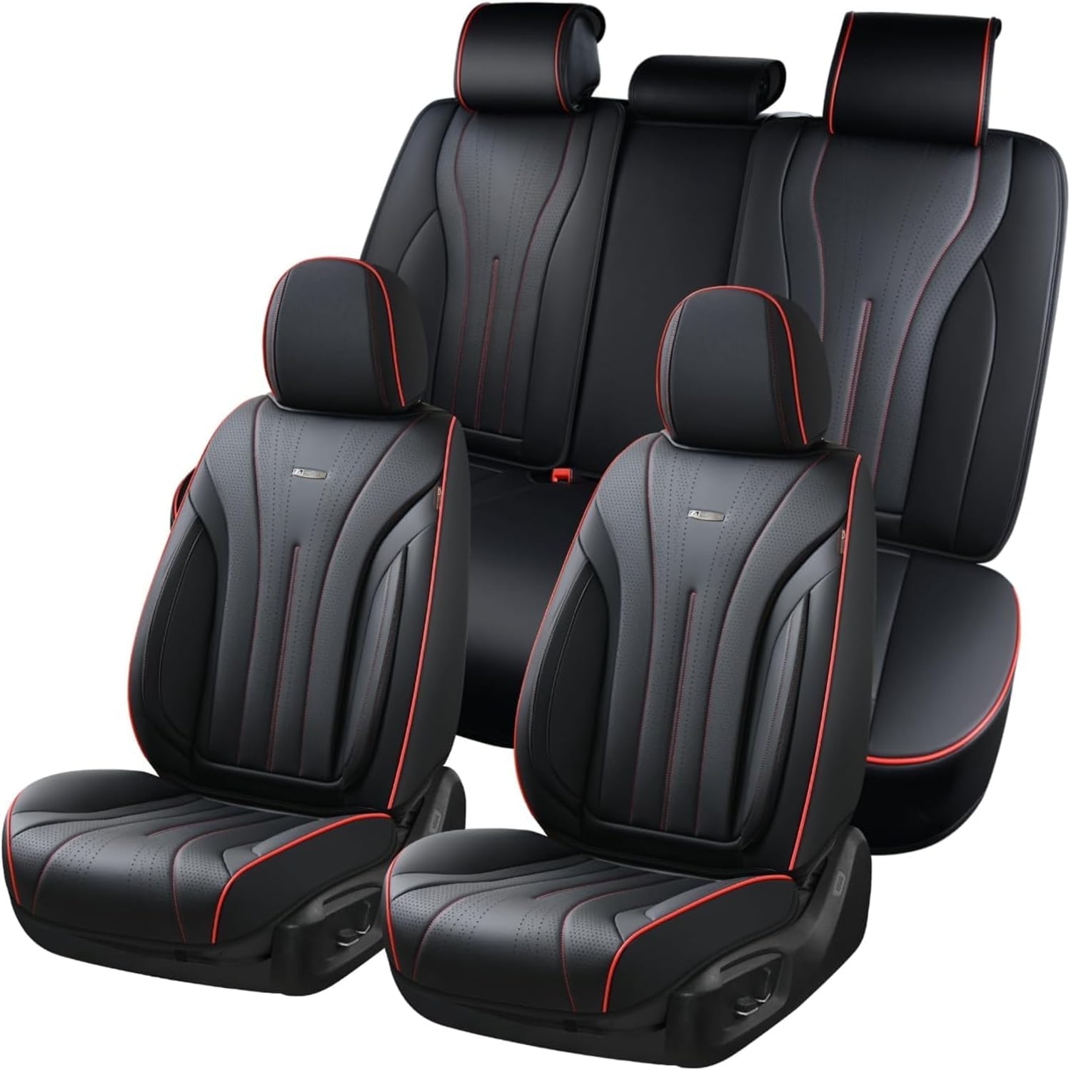 Coverado Full Set Car Seat Covers, Waterproof Faux Leather Front and Rear Seat Protector, Breathable Seat Cushions Universal Fit for Most Cars, Black&Red