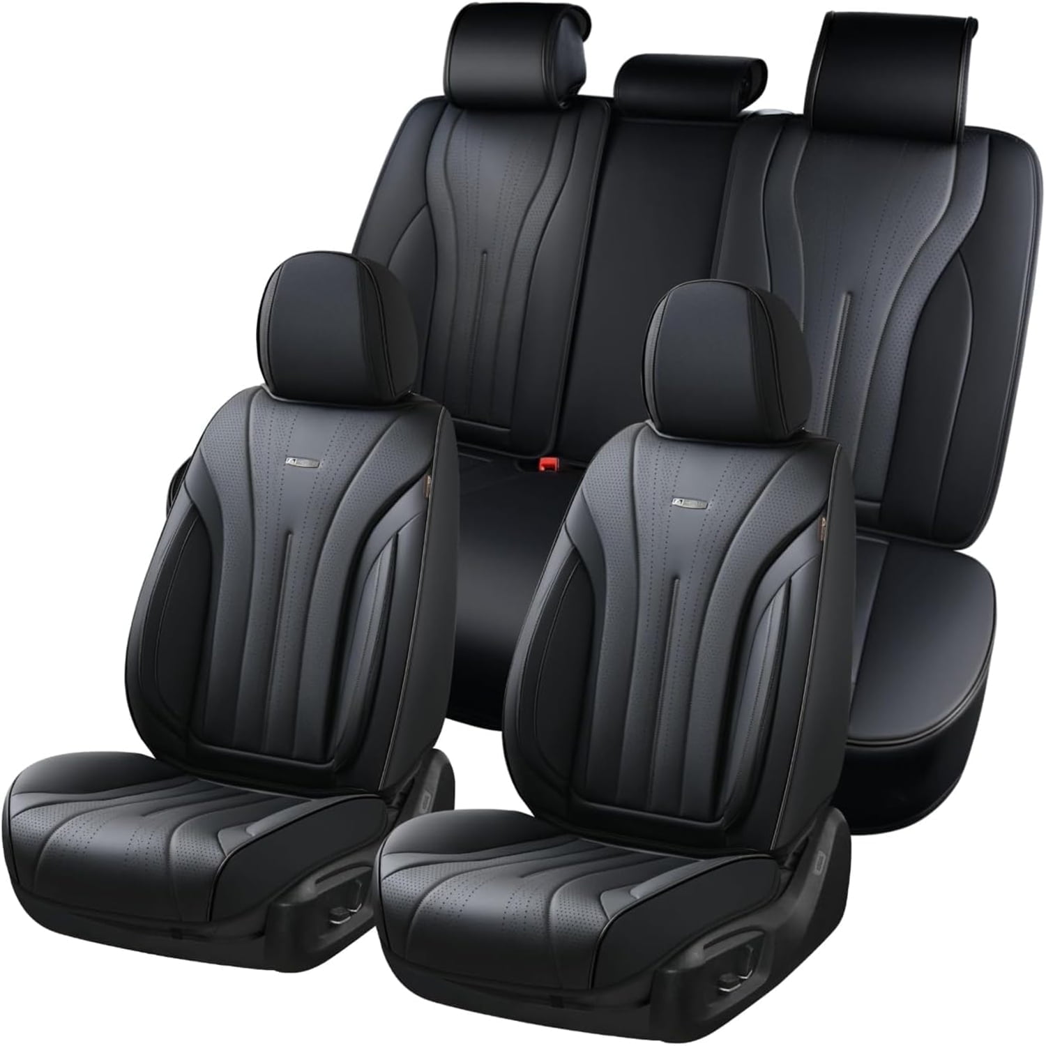 Coverado Full Set Car Seat Covers, Waterproof Faux Leather Front and Rear Seat Protector, Breathable Seat Cushions Universal Fit for Most Cars, Black