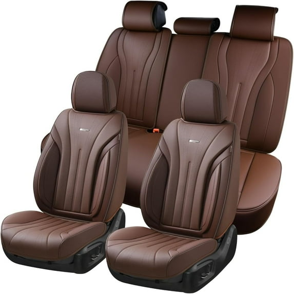 Coverado Full Set Car Seat Covers, Waterproof Faux Leather Front and Rear Seat Protector, Breathable Seat Cushions Universal Fit for Most Cars, Brown