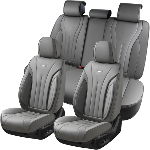 Coverado Full Set Car Seat Covers, Waterproof Faux Leather Front and Rear Seat Protector, Breathable Seat Cushions Universal Fit for Most Cars, Gray