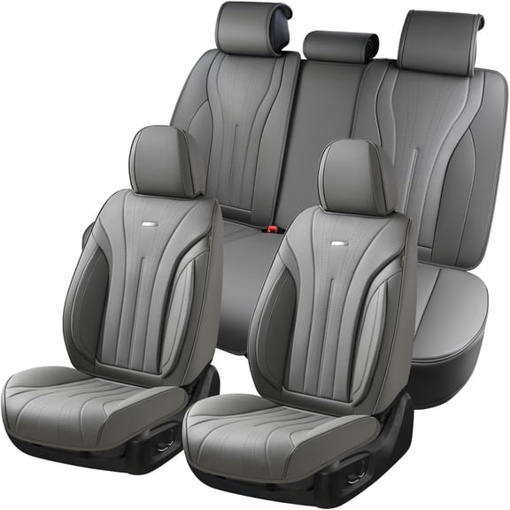 Coverado Full Set Car Seat Covers, Waterproof Faux Leather Front and Rear Seat Protector, Breathable Seat Cushions Universal Fit for Most Cars, Gray