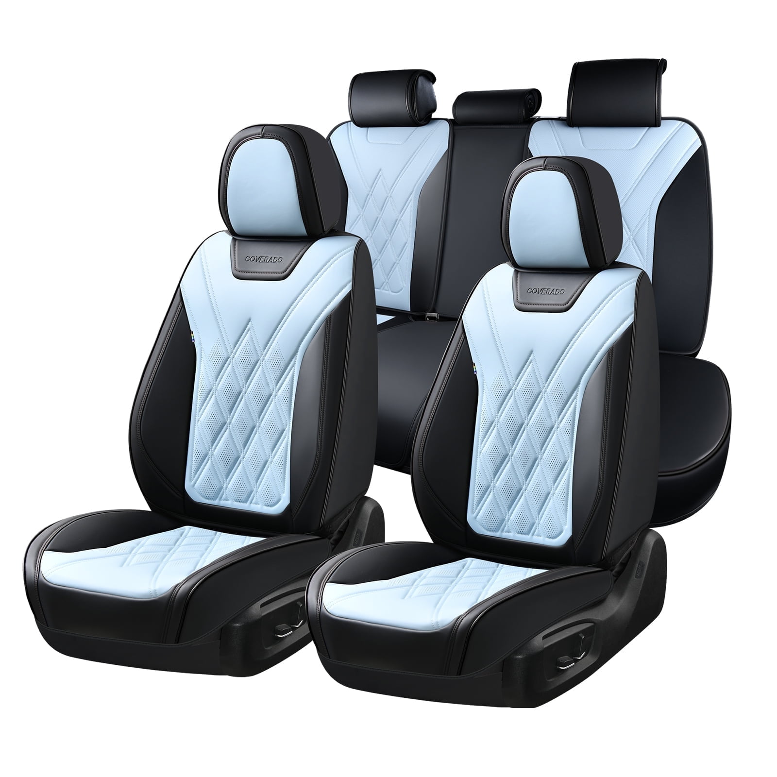 Coverado Full Set Covers For Cars, Waterproof Faux Leather Front and Rear Seat Protectors, Auto Cushions Universal Fit for Most Cars, Black&Blue