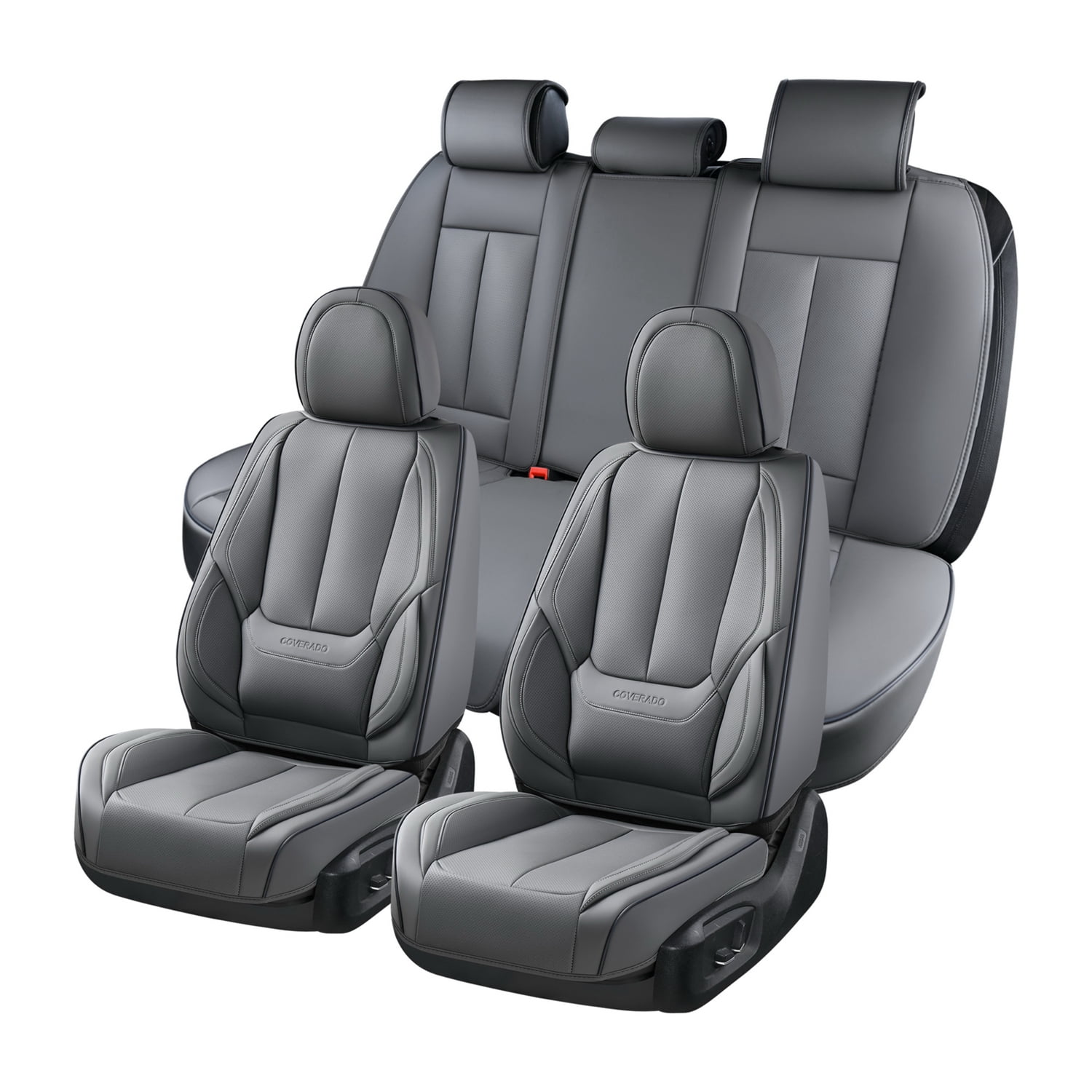 Coverado Full Set Gray Car Seat Covers Set, 5 Seats Waterproof Premium Leather Front and Back