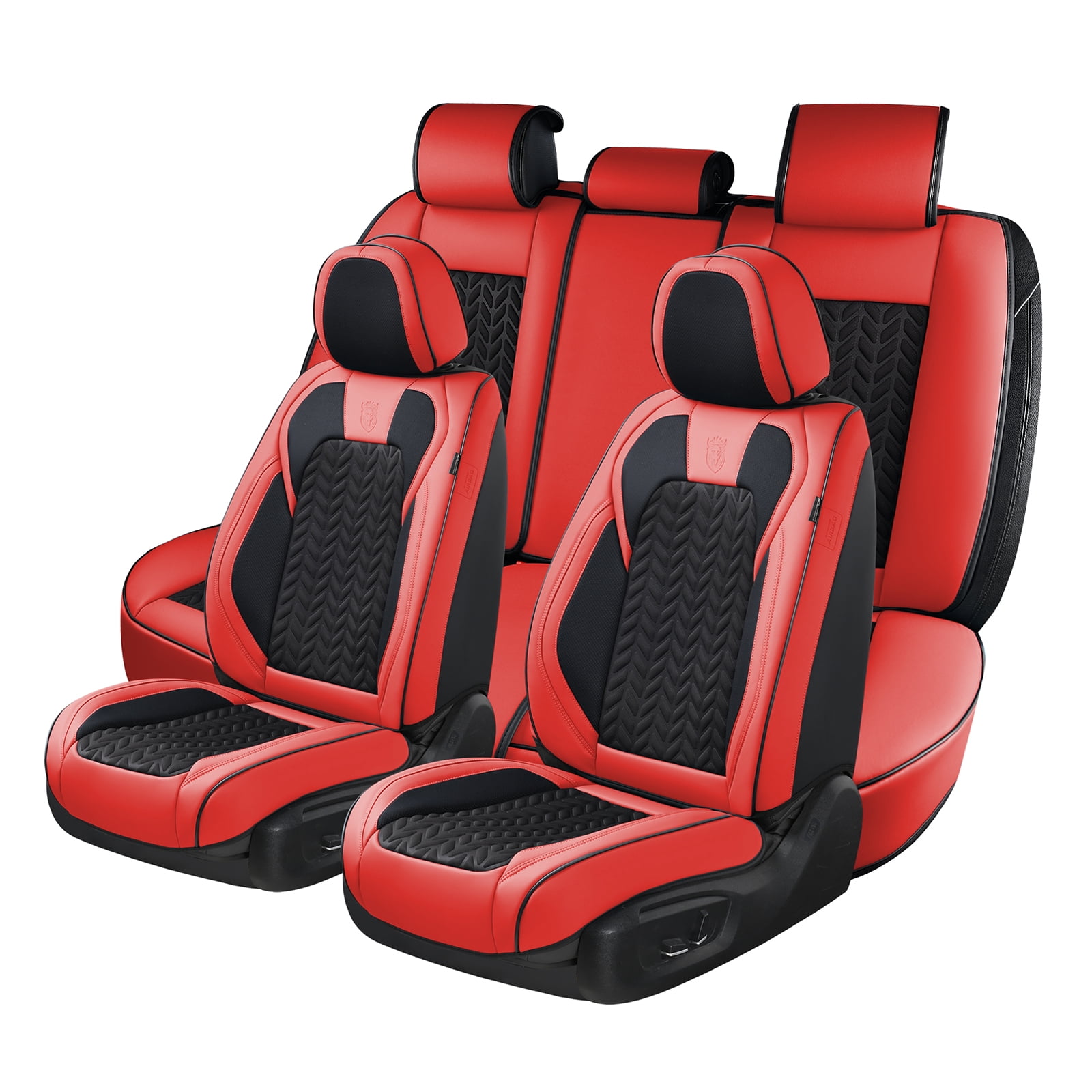 Coverado Black&Red Car Seat Covers Full Set, Faux Leather Seat Protectors with Embossed Grains