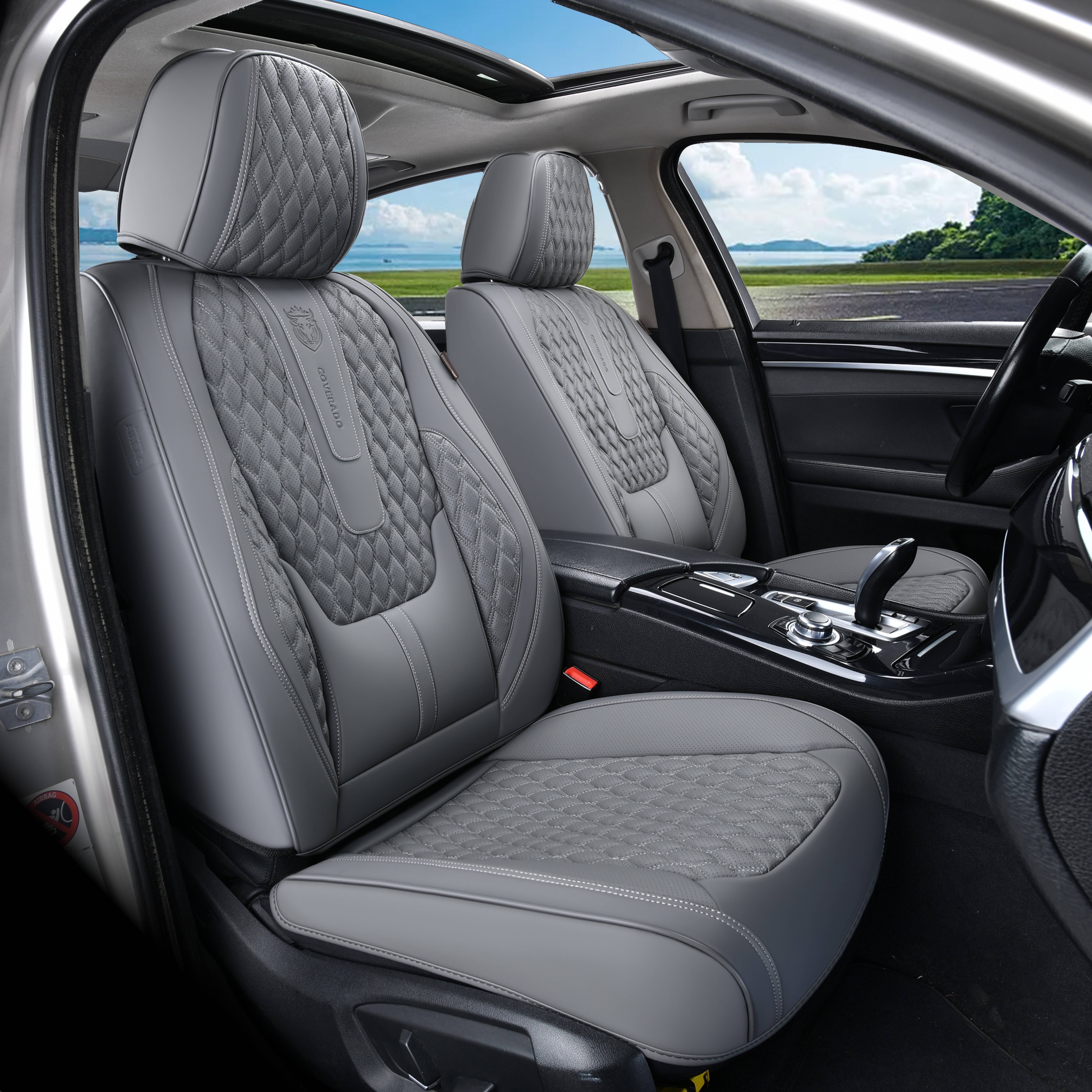 Coverado Gray Car Seat Covers Front, Waterproof Faux Leather Auto Seat Protectors with Lumbar Support, Luxury Automotive Interior Accessories Universal Fit Most Cars SUV Trucks