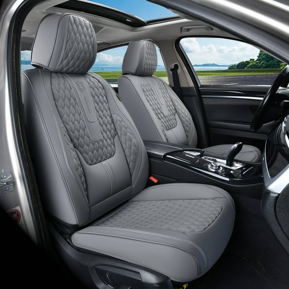 Coverado Gray Car Seat Covers Front, Waterproof Faux Leather Auto Seat Protectors with Lumbar Support, Luxury Automotive Interior Accessories Universal Fit Most Cars SUV Trucks