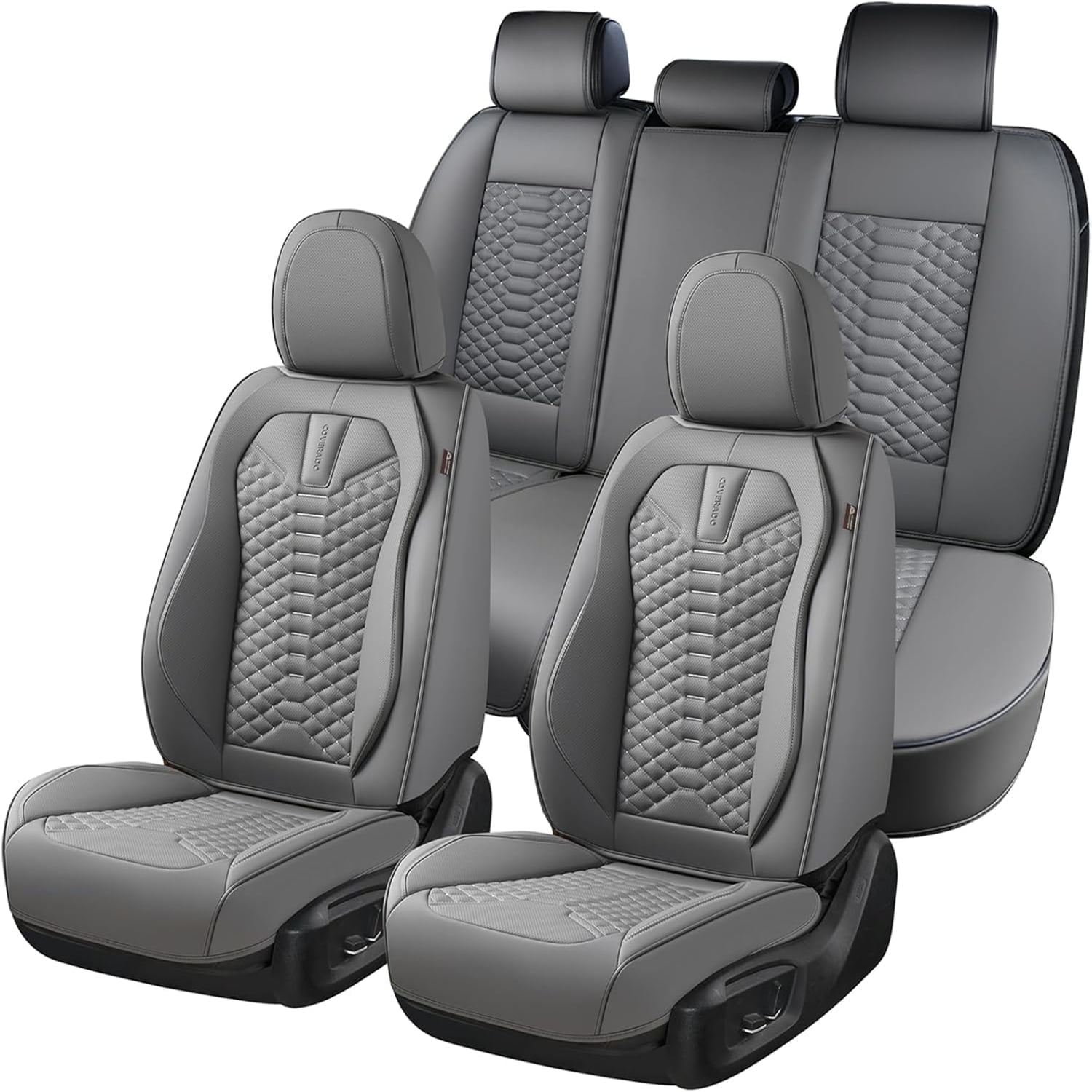 Coverado Gray Car Seat Covers Full Set, Premium Leather Front and Rear Split Bench Cover, Automotive Seat Protectors Universal Fit for Most Cars, SUVs and Trucks