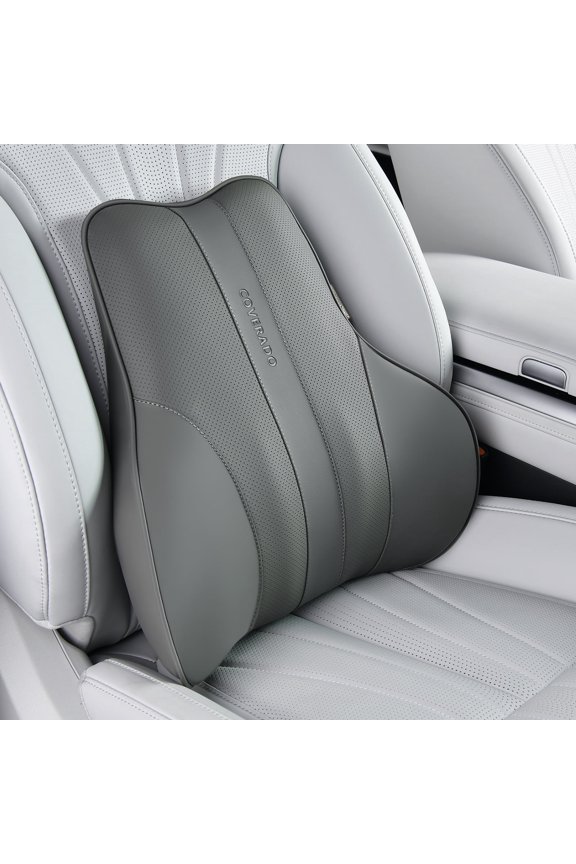 Gray Lumbar Support Pillow for Car Seats, Luxury Leather with Detachable Memory Foam Back Support Pillow for Lower Back Pain