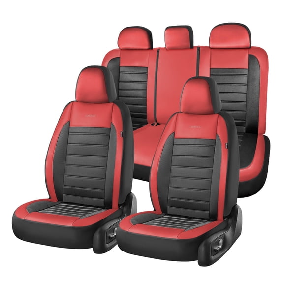 Coverado Luxury Leather Car Seat Covers Full Set 5 Seats, Automotive Front and Rear Mesh Seat Covers for SUV Sedan Truck, Black & Red