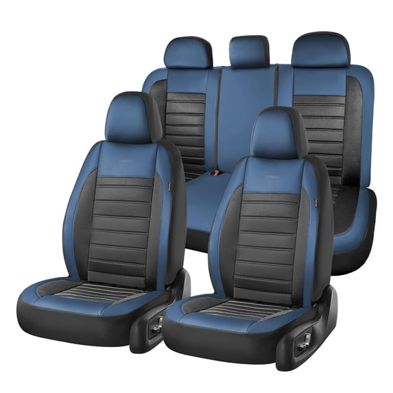 Coverado Luxury Leather Car Seat Covers Full Set 5 Seats, Automotive Front and Rear Mesh Seat Covers for SUV Sedan Truck, Blue & Black