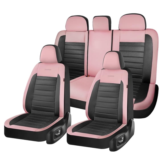 Coverado Luxury Leather Car Seat Covers Full Set 5 Seats, Automotive Front and Rear Mesh Seat Covers for SUV Sedan Truck, Pink & Black