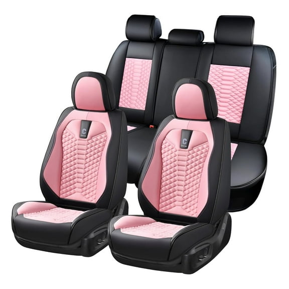 Coverado Pink Car Seat Covers Full Set for Women, 5 Seats Leather&Fabric Breathable Front and Back Auto Protectors, Universal Car Interior Cushions Fit Most Sedans SUV Pickup Trucks