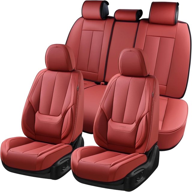 Coverado Red Car Seat Covers Full Set, Waterproof Premium Leather Front and Back Seat Protectors, Luxury Auto Interior Accessories, Universal Fit Most Cars Sedan SUVs Pick-up Trucks