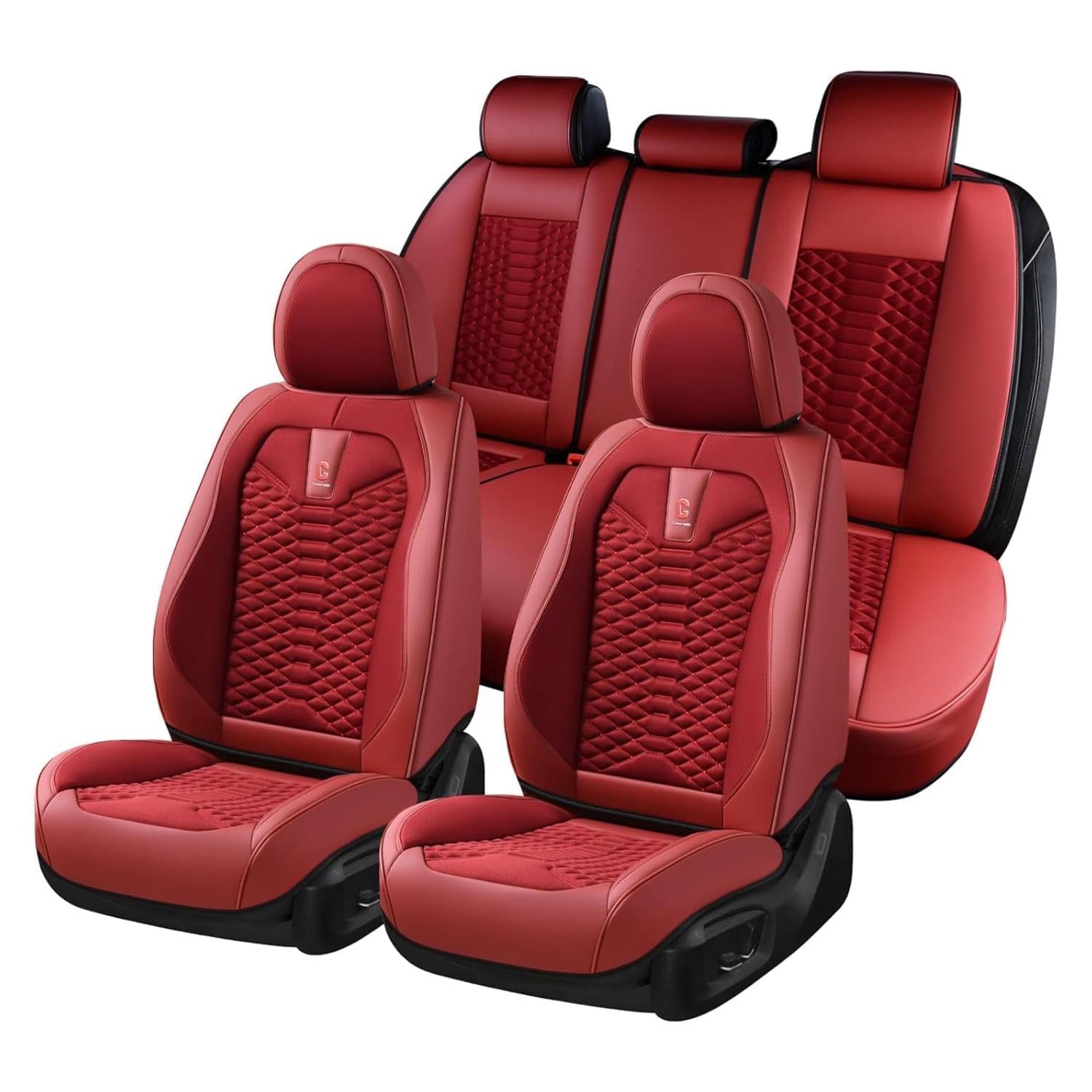 Coverado Red Car Seat Covers Full Set, 5 Seats Leather&Fabric Front and Back Auto Protectors, Breathable Interior Cushions Universal Fit Most Sedans SUV Pickup Trucks