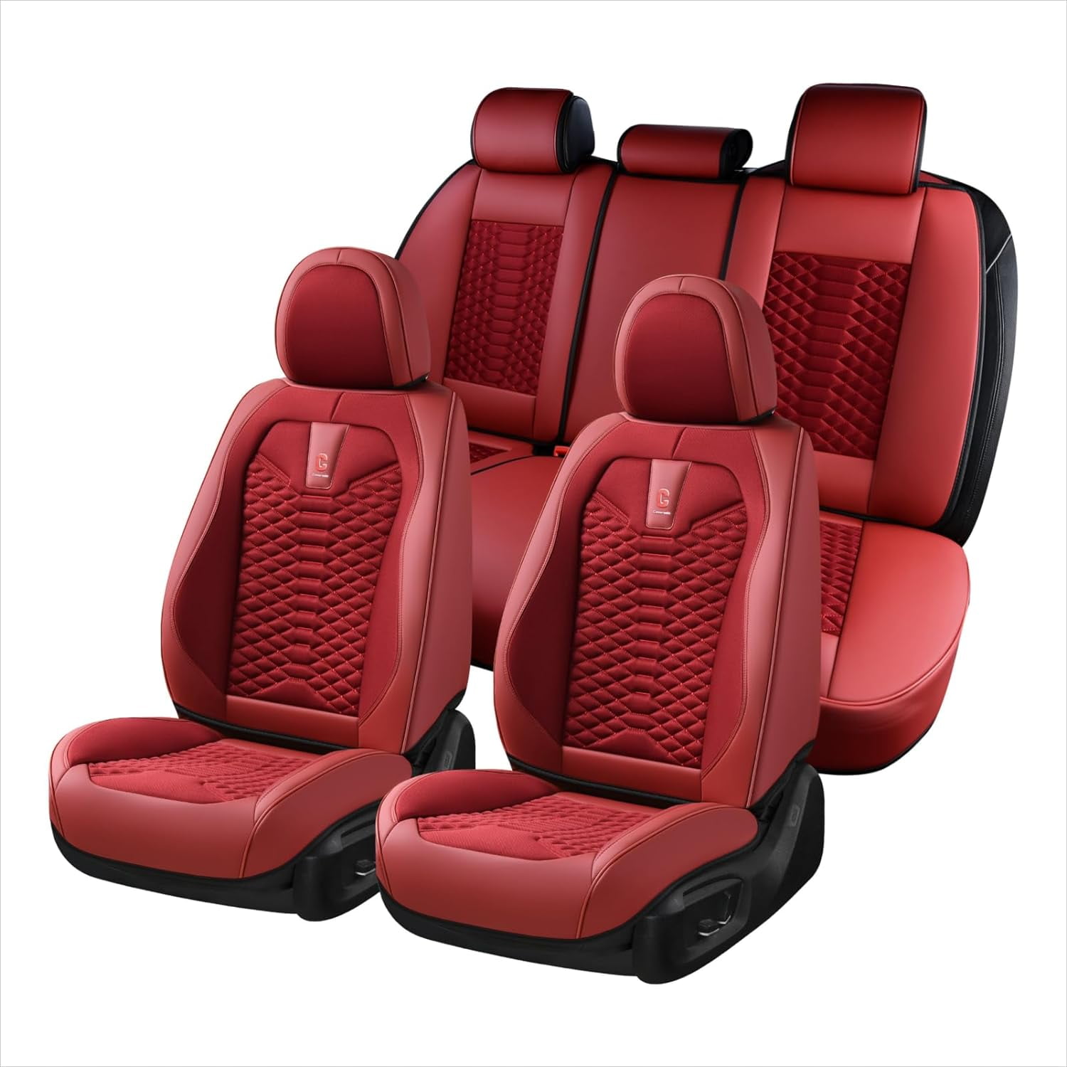 Coverado Red Car Seat Covers for Women, Leather and Fabric 5 Seats Full Set Front and Back Auto