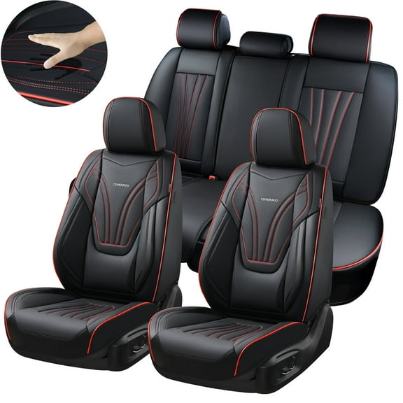 Coverado Red Trim Car Seat Covers Full Set, Waterproof Faux Leather Front and Back Seat Protectors, Airbag Compatible Covers Universal Fit Cars SUVs Sedans and Trucks