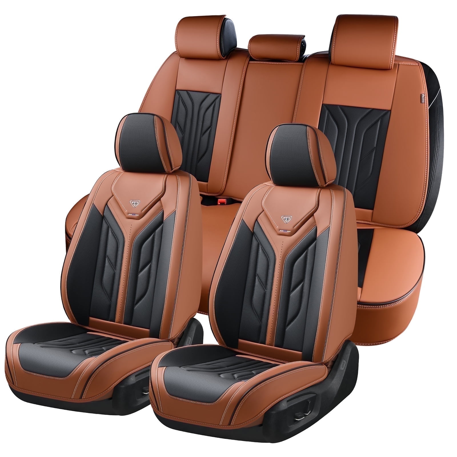 Coverado Car Seat Covers Full Set, Waterproof Airbag Compatible Faux Leather Front and Back Car Seat Protectors, Universal Fit for Most Sedans SUV Pick-up Truck, Black&Brown