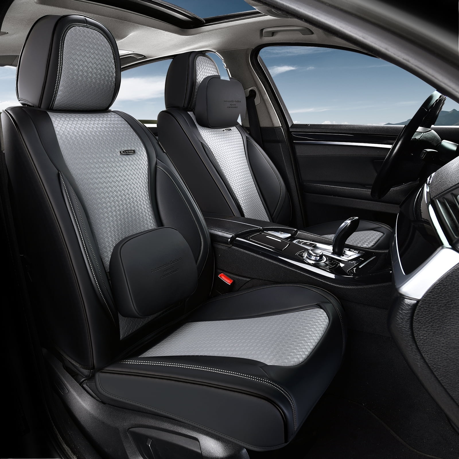 Coverado Waterproof Seat Covers For Cars, High-grade Leather Front Seat Protectors with Lumbar Support, Auto Cushions Universal Fit for Most Cars SUV Trucks, Black&Gray