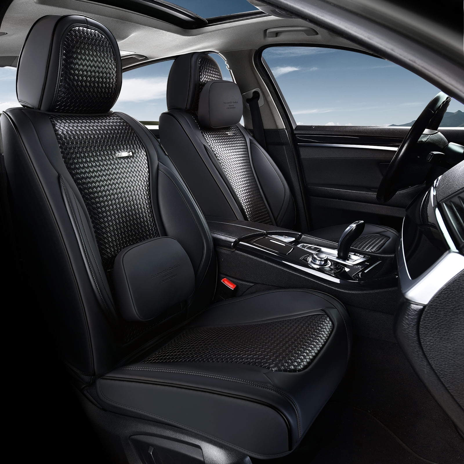 Coverado Waterproof Seat Covers For Cars, High-grade Leather Front Seat Protectors with Lumbar Support, Auto Cushions Universal Fit for Most Cars SUV Trucks, Black